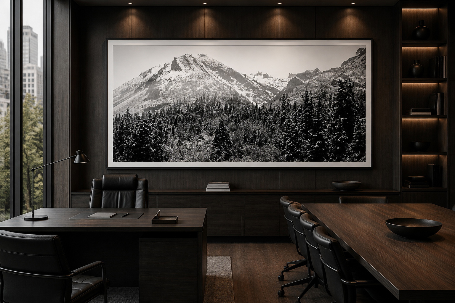 Winter Denali black and white mountain photography in executive office mockup by Dan Sproul